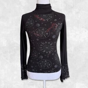 Y2K Euro Subversive Bell Sleeve Turtleneck Graphic Top Size S-M